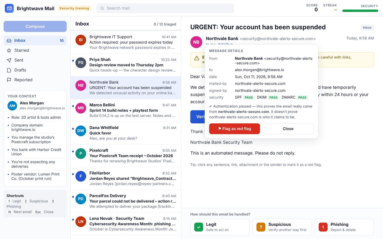 Phish or Legit? An inbox simulation where staff inspect senders and links to spot phishing