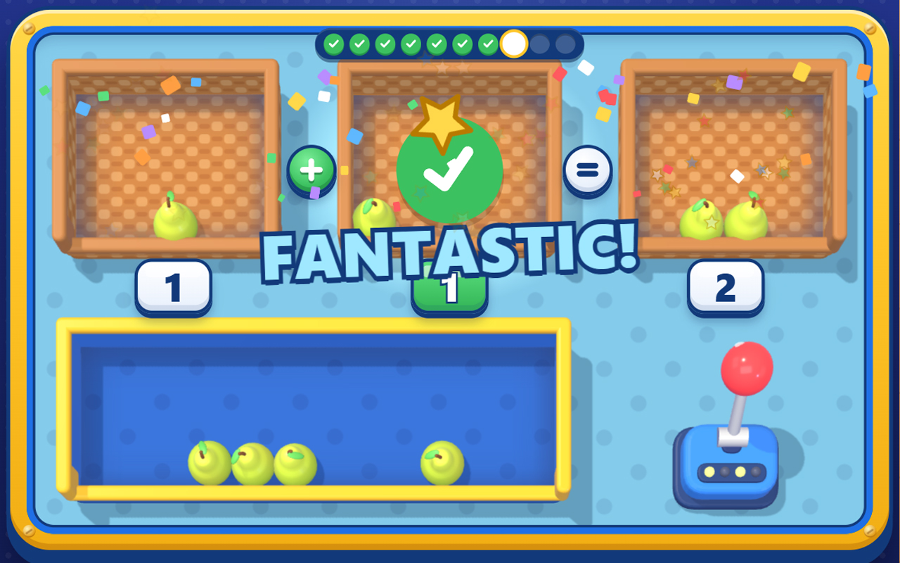 Mathmagical: a picture-based addition game where children drag fruit into boxes to complete an equation